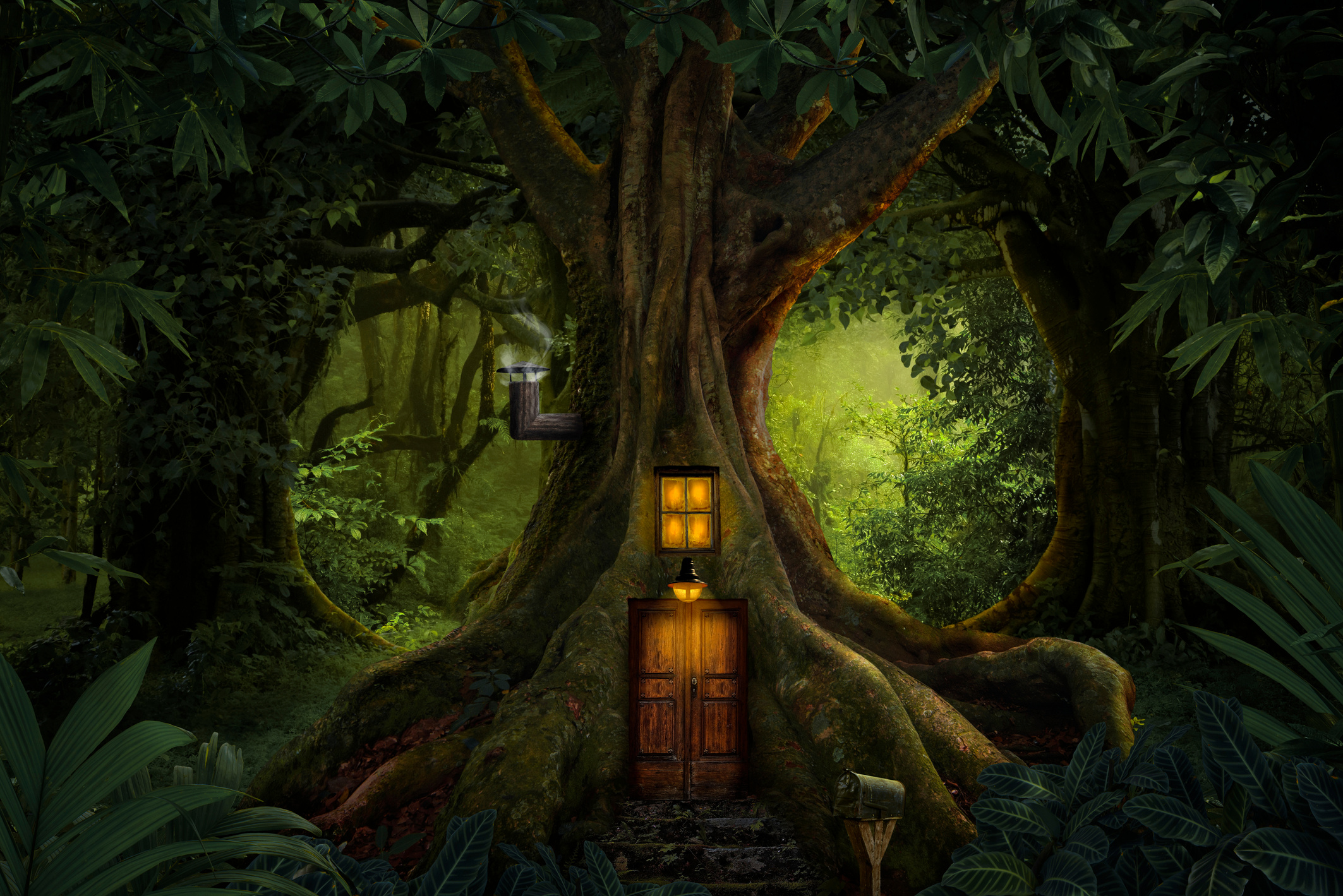 Magical story forest with small house